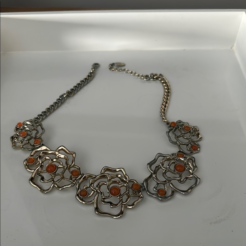 Silver and Orange Floral Necklace